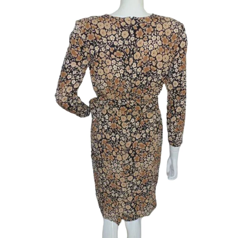 LIZ CLAIBORNE Dress, 8, Black/Tan Floral, Faux Wrap Skirt, Shoulder pads, VTG - Picture 9 of 13